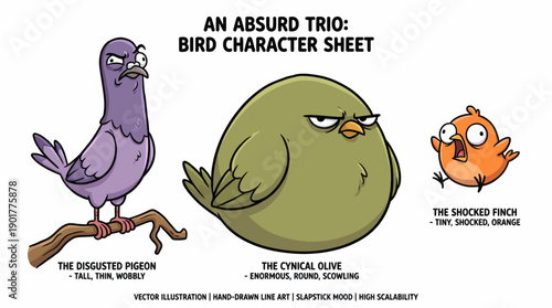 Absurd Cartoon Bird Trio Character Sheet: Disgusted Pigeon, Cynical Round Olive, and Shocked Finch Vector Set