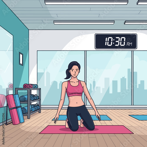 Woman Practicing Yoga in Fitness Studio.