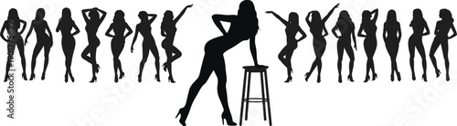 fashion silhouette, women posing, high heels, modeling vector, stylish illustration, artistic design, female figure, glamour concept, symmetry composition, fashion icon,