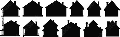 Silhouette houses, residential architecture, vector illustration, black home icons, urban housing, real estate design, property graphics, construction, neighborhood, building shapes