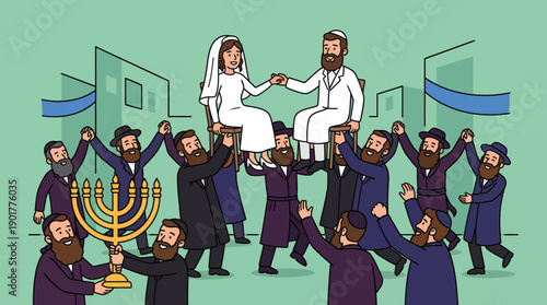 Happy Jewish Wedding Hora Dance Illustration: Groom and Bride Lifted on Chairs by Orthodox Men Celebrating Marriage and Tradition