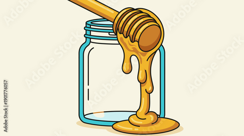 Sweet Honey Dripping from Dipper into Glass Jar - Stylized Cartoon Vector Illustration