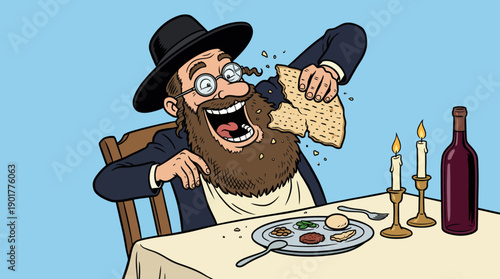 Joyful Orthodox Jewish Man Eating Matzah at Seder. Passover holiday cartoon illustration.