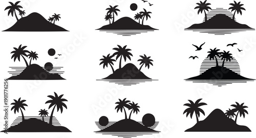 Tropical island silhouette set. Palm tree, beach sunset, ocean water, and birds vector logo collection. Black isolated summer vacation signs.