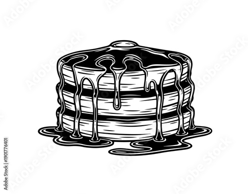 A striking monochrome vector design captures a mouth-watering stack of fluffy pancakes, drenched in glossy syrup that cascades down the sides and pools beneath a melting pat of butter