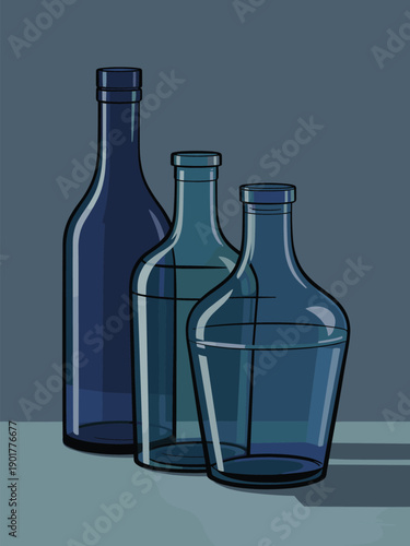 Three blue glass bottles and a glass standing on a surface against a gray background from a straightforward viewpoint