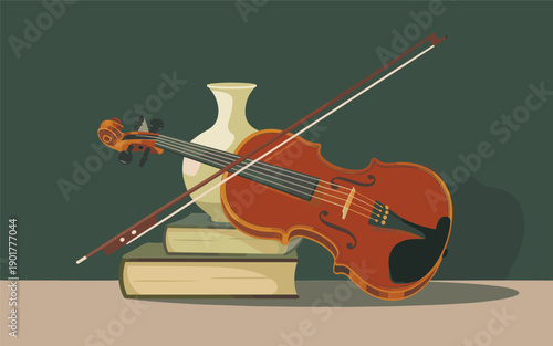 Illustration of a violin resting on books with a vase on a table viewed from the side