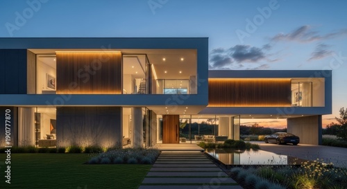 Modern urban architecture of a commercial business building with a blue sky exterior and industrial entrance door featuring empty billboard space in the city night