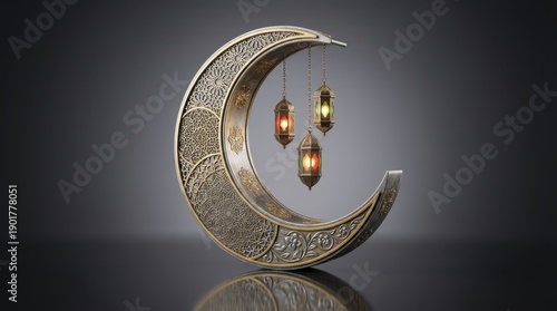 Crescent moon decorated with intricate patterns and three hanging traditional lanterns