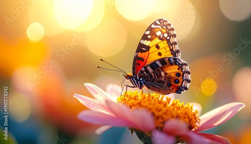 Extreme macro photography of a butterfly on a flower, ultra-sharp details, vibrant colors, soft blurred background, natural light, high realism