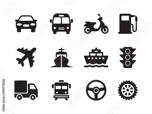 Collection of transportation icons representing various vehicles like cars, buses, scooters, airplanes, ships, trucks, and related travel and traffic symbols for 
