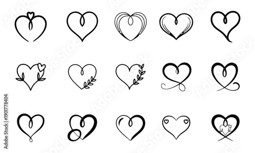 Collection of stylized hand drawn heart shapes in black outline on white background symbolizing love romance affection and relationships in various artistic forms and expressions