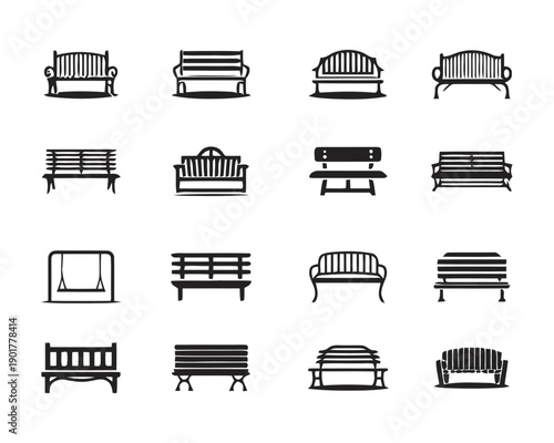 Collection of stylized vector icons depicting various park benches and seating furniture, perfect for outdoor spaces and landscape design projects.  Clean lines.