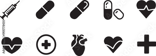Collection of ten medical and healthcare icons in black silhouette style featuring syringe, pills, capsules, heartbeat EKG, anatomical heart, medical cross and plus symbol on white background vector.