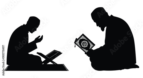 Elderly Muslim Man Praying with Quran Silhouette