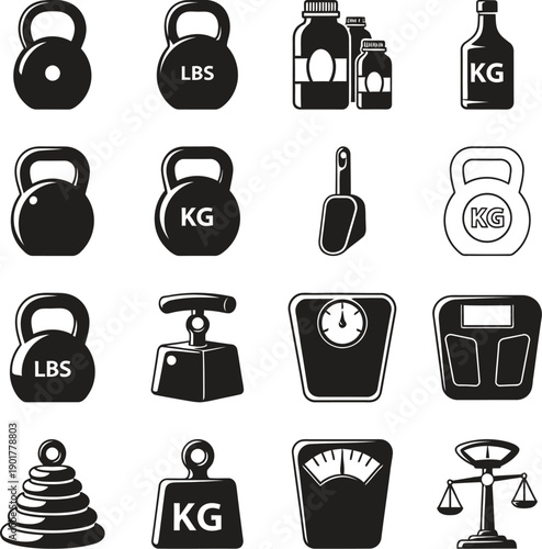 Black and white icons of fitness and weightlifting equipment