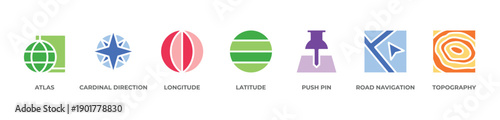 Exploring the Map Icons set vector illustration with Atlas, Cardinal direction, Longitude, Latitude, Push pin, Road navigation, Topography
