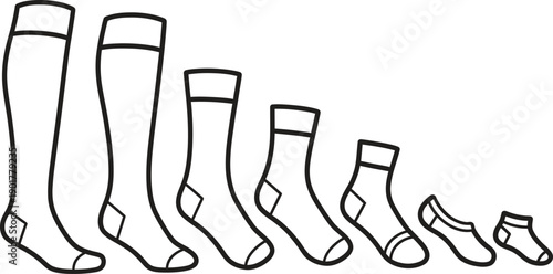 Set of various sized socks in a line for size comparison
