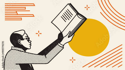 A hand gripping a book stands out against a stark black and white backdrop, highlighting the book's presence..eps