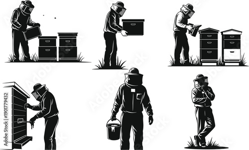 Beekeepers working with beehives and equipment in black and white apiary beekeeping
