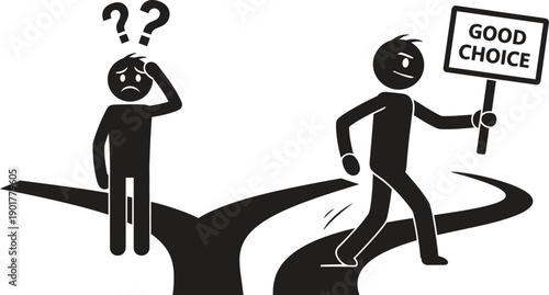 Man choosing good path while another hesitates at crossroads