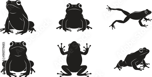 Collection of six black silhouette frog illustrations