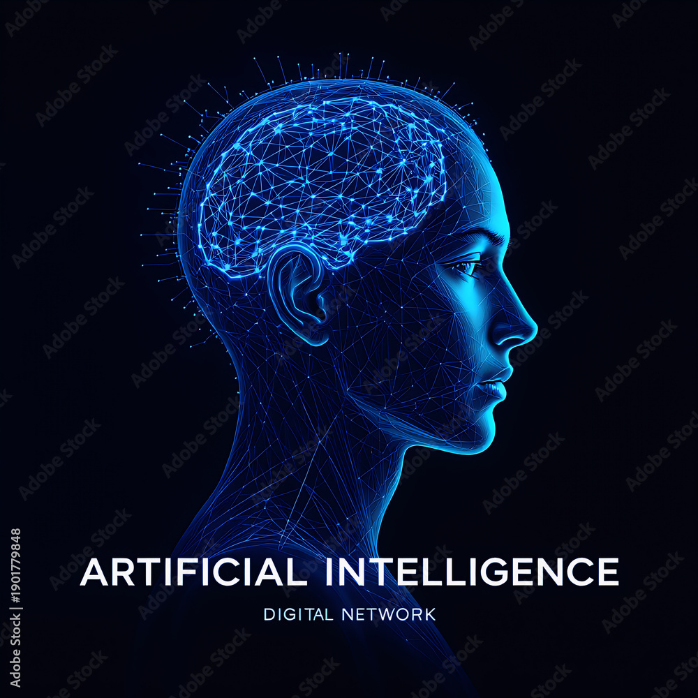 Obraz premium Line‑art illustration of a blue brain within a human head, emphasizing artificial intelligence and digital network against a backdrop, profile view.