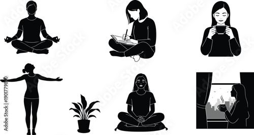 Black and white of women meditating and relaxing meditation relaxation yoga reading