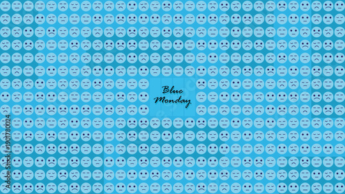 Clean Flat Blue Monday Mood Pattern with Sad Emoticon Faces Round Shapes Soft Blue Colors and Central Copy Space for Wallpaper Social Media and Web Background