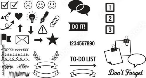 Black and white to-do list icons and symbols for business organization