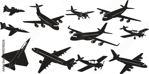Silhouettes of various airplanes and jets in flight