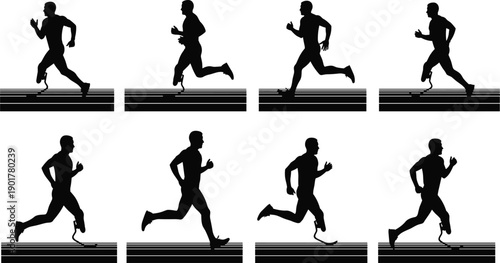 Black silhouettes of men running on track athletic