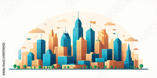 Modern 3d cityscape illustration featuring an urban skyscraper skyline and downtown building architecture in a night metropolis silhouette vector design