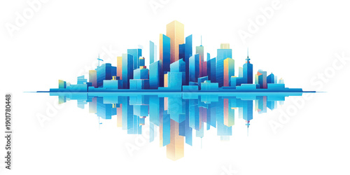 Modern 3d abstract city skyline illustration featuring blue skyscraper buildings and urban architecture silhouettes for a new business concept design