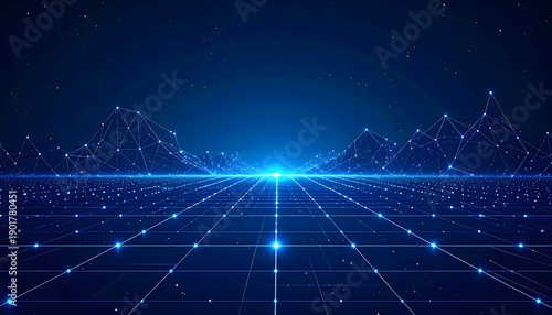 Abstract 3D rendering of a digital landscape featuring glowing blue wireframe mountains, network nodes, and a structured grid floor representing big data and cyberspace.