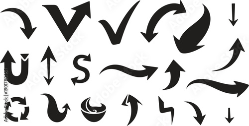 Collection of modern black arrows in various directions