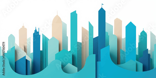 Abstract blue vector illustration featuring a 3d business city skyline with skyscrapers and financial graphs integrated into an urban cityscape silhouette