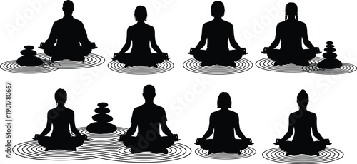 Black silhouettes of people meditating on rippling water with stone stacks meditation