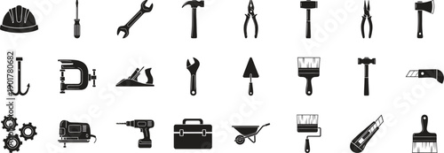 Collection of various tools and equipment for construction and DIY projects