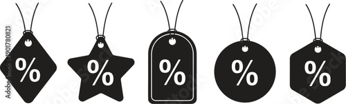 Black discount tags with percentage signs for sales promotions