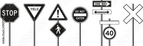 Collection of various black and white traffic signs