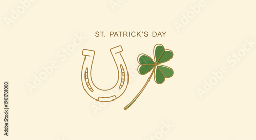 Saint Patrick's Day golden horseshoe and clover icon on a light background, perfect for festive designs and celebrations