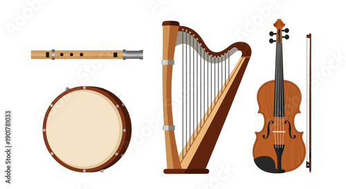 A collection of musical instruments including a wooden flute, drum, harp, and violin, showcasing a variety of sounds and styles