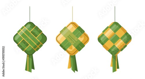 Three decorative green and yellow diamond-shaped ornaments hanging by a thread, representing traditional festive celebrations