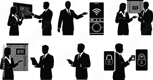 Business people interacting with technology devices and screens
