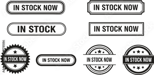 Collection of black and white In Stock Now label designs