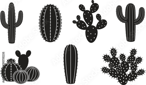 Black silhouettes of various cacti and succulents on white