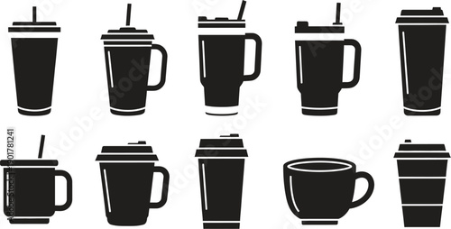 Collection of various coffee cup icons in black silhouette