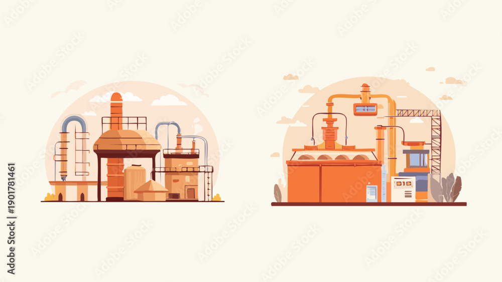 Fototapeta premium Industrial factory and refinery buildings with pipes and structures, illustrating manufacturing and production processes