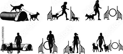 Dog training silhouettes with obstacles agility